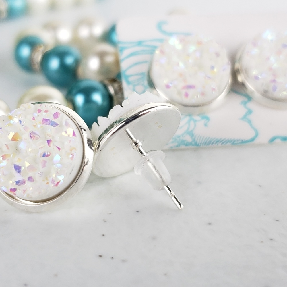 6/$20 White Iridescent Acrylic Druzy StudEarrings - Picture 3 of 5